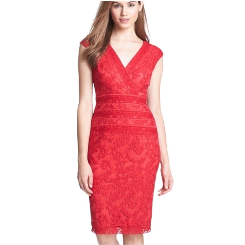 Tadashi Shoji Red Lace Cap-Sleeve Midi Dress